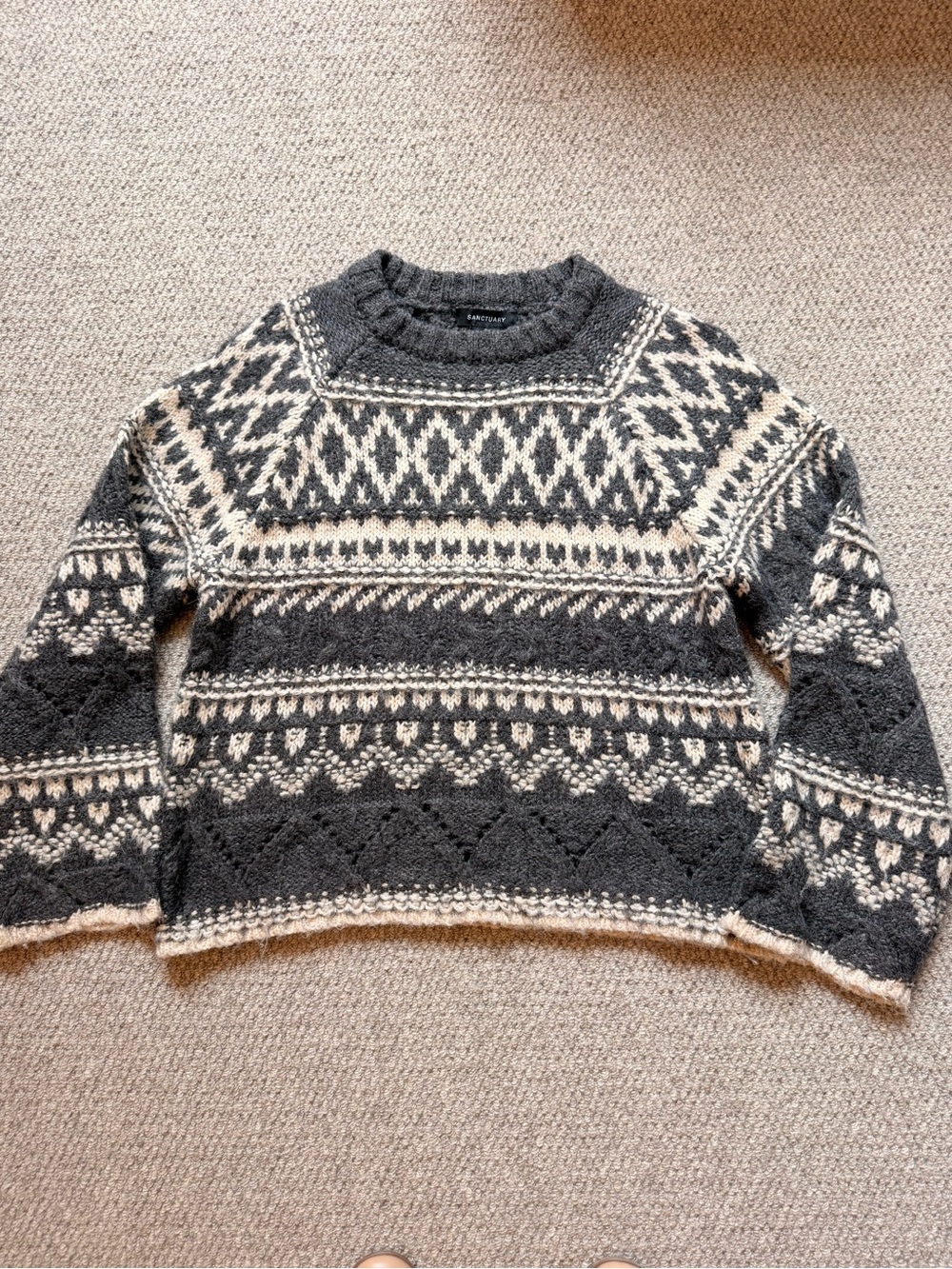 Sanctuary Cozy Fair Isle Knit Sweater in Charcoal & Cream EUC - Picture 2 of 10